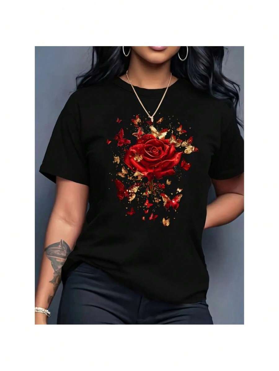 100% Cotton Casual Crew Neck Short Sleeve Floral Print Knit Fabric Regular Length All Seasons Tee - Black - View 1