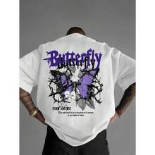 Y2K Men's Purple Butterfly Graphic T-Shirt - Relaxed Fit, Breathable, Casual Summer Crew Neck, Machine Washable For Home, Outdoor And Holiday Occasions, Soft, Crew Neck, Men's Clothing, Plus Sizes, Grandma's Favorite T-Shirt, Christian Faith T-Shirt - 白色 - 查看 4