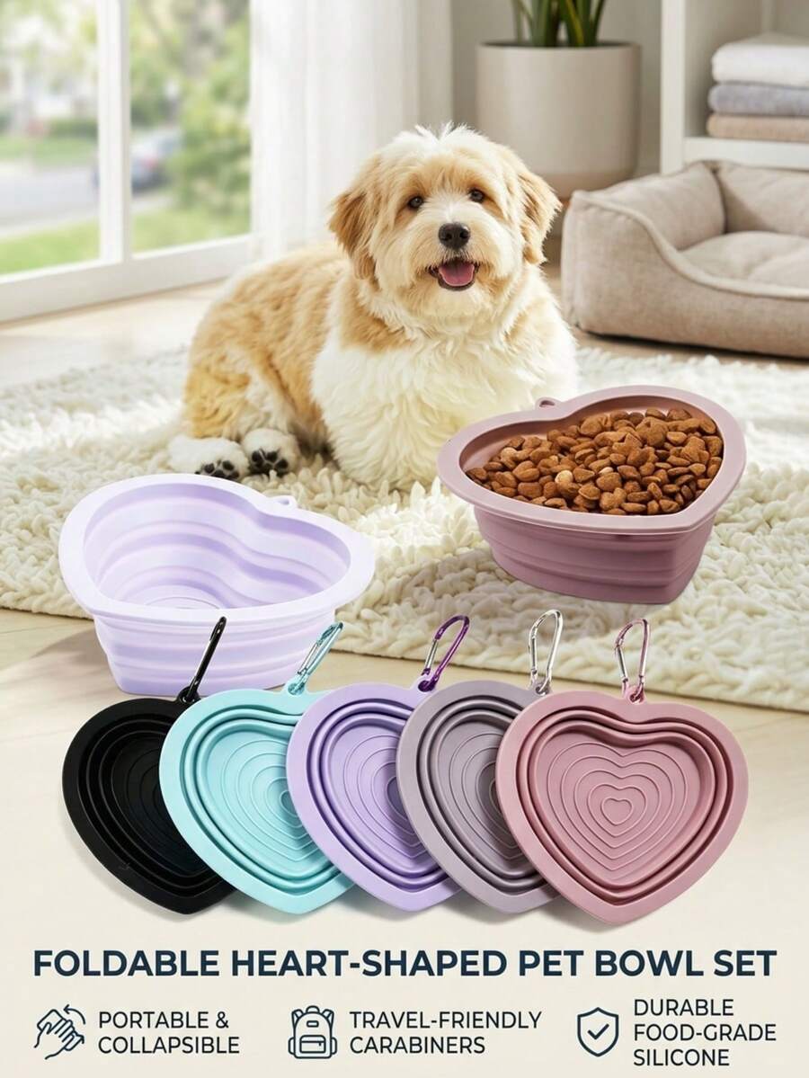 PETSIN 1 件心形硅胶可折叠防溢猫/狗碗,可折叠宠物食品和水碗,便携式宠物旅行碗,宠物用品 - 彩色 - 查看 1
