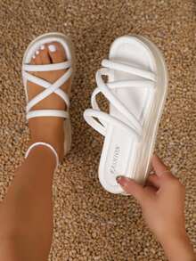 Women Crossover Strap Flatform Slide Sandals, Fashion Summer Sandals - White - View 2