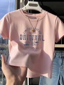 女款圓領短袖短版T恤，美式性感風，修身露腰百搭夏季上衣，度假粉色休閒款 - 粉色 - 查看 1