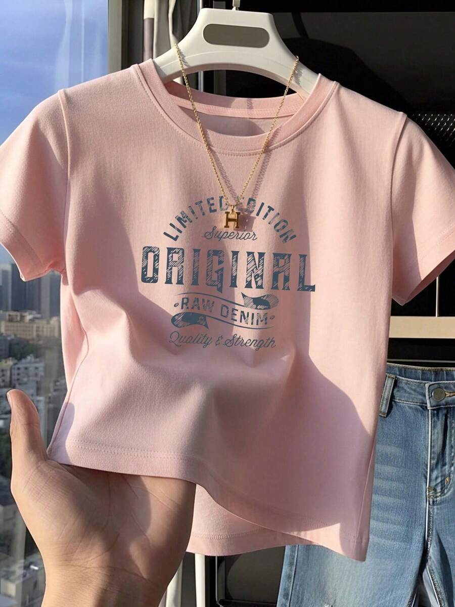 女款圓領短袖短版T恤,美式性感風,修身露腰百搭夏季上衣,度假粉色休閒款 - 粉色 - 查看 1