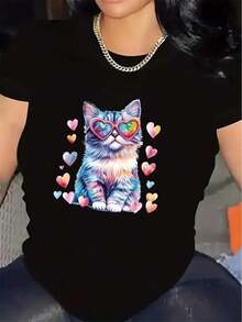 100% cotton Camiseta negra de manga corta para mujer con diseño de gato y corazones coloridos, hecha de tela de poliéster, ligera y duradera, perfecta para uso casual en casa o al aire libre - Negro - Ver 1