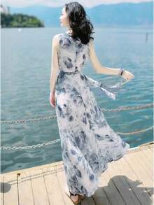 caliente de verano de la temporada Vestido sin mangas ajustado Midi Beach Vacation Falda para la playa Estampado floral Cuello redondo Vestido de una línea... - Color como se muestra en la imagen principal - Ver 3