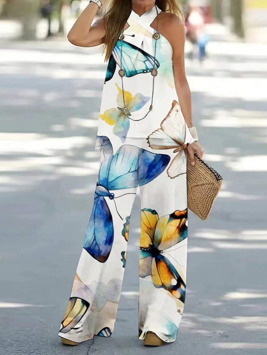 Estampado por todas partes Conjunto De Dos Piezas De Cuello Halter De Color Sólido Sin Espalda pierna ancha y bolso inclinado (Sin accesorios, sin bolsos) - Blanco - Ver 1