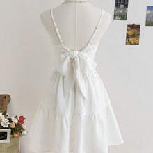 Women's Vacation Style Camisole Mini Dress, With Bowknot Back Straps, Twist Front, White Summer Casual - Blanco - Ver 3