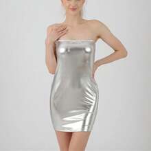 Vestido Sexy sin tirantes con abrigos plateados brillantes, vestido ajustado de charol para mujer, minivestido ajustado con hombros descubiertos, Vestidos de fiesta para discoteca - Plateado - Ver 1