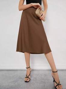 de satén de cintura alta de unicolor para mujer, falda minimalista elegante para oficina y uso diario, adecuada para el trabajo, casual de negocios, profesora - Café integral - Ver 5