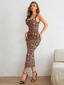 Vestido ajustado de tirantes con estampado geométrico - Negro - Ver 4