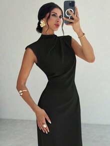 Vestido largo de verano elegante y minimalista para uso diario, viajes y ocasiones casuales, con cuello mao, mangas drapeadas y cintura ceñida, color albaricoque - Negro - Ver 9