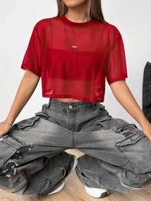 Top de malla negra de manga corta para mujer - Rojo - Ver 1