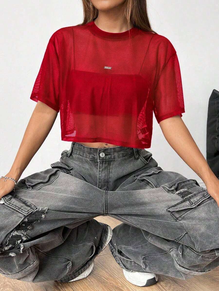 Top de malla negra de manga corta para mujer - Rojo - Ver 1