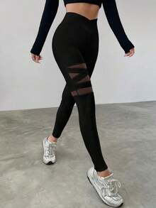 Leggings de cintura alta ajustados con contraste de malla - Negro - Ver 3