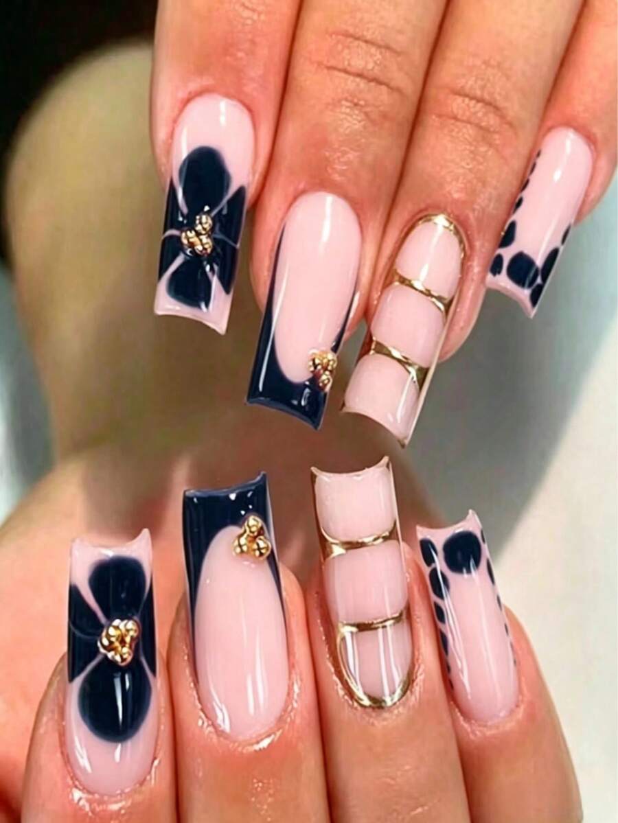 24 piezas Pegatinas de uñas con flores rectangulares estilo Y2K, Kit de uñas postizas francesas azules que incluye 1 pieza de esmalte de gel y 1 pieza de lima de uñas, se ajusta perfectamente a tus uñas. Manicura francesa fácil de usar adecuada para el trabajo diario, fiestas y talla grande. - Azul Marino - Ver 1