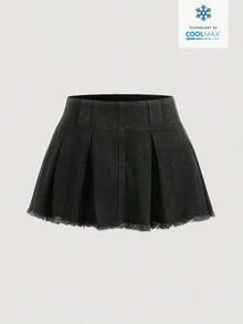 Falda Vaquera De Mezclilla Para Mujer En Color Sólido Con Borde Desfilachado - Negro - Ver 1