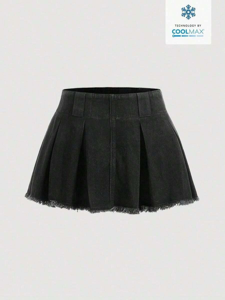 Falda Vaquera De Mezclilla Para Mujer En Color Sólido Con Borde Desfilachado - Negro - Ver 1