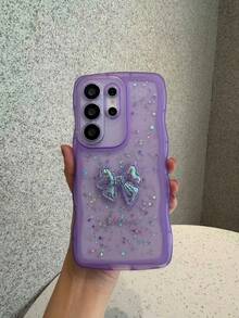 蝴蝶結雷射亮片手機殼，波浪邊透明防震手機殼，適用於 Galaxy A56/A17/S24 Ultra/S24 Plus/S24/S23 Ultra/S23 Plus/S23/S22 Ultra/S22 Plus/S22/S21 Ultra/S21 Plus/S21 FE/S23 FE/S20 FE，適用於 iPhone 17/16E/15/14/13/12/11/X/XS Max/XR/Pro Plus，國際版非國內版 - 紫色 - 查看 1