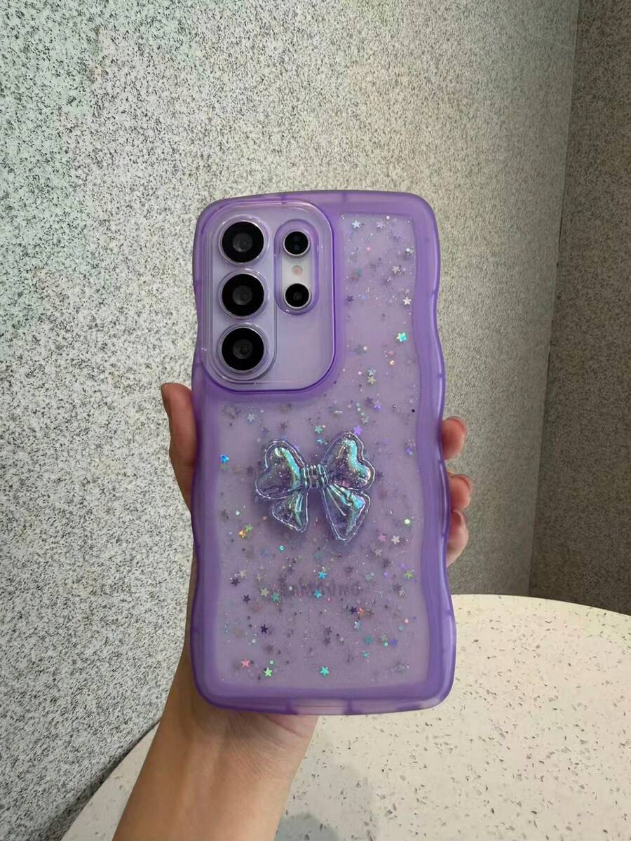 蝴蝶結雷射亮片手機殼,波浪邊透明防震手機殼,適用於 Galaxy A56/A17/S24 Ultra/S24 Plus/S24/S23 Ultra/S23 Plus/S23/S22 Ultra/S22 Plus/S22/S21 Ultra/S21 Plus/S21 FE/S23 FE/S20 FE,適用於 iPhone 17/16E/15/14/13/12/11/X/XS Max/XR/Pro Plus,國際版非國內版 - 紫色 - 查看 1