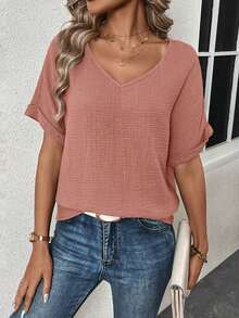 2026 Nueva Colección  LUNE Blusa Casual Holgada de Verano para Mujer, con Cuello en V, Color Sólido y Manga Corta Tipo Murciélago - Rosa vieja - Ver 2