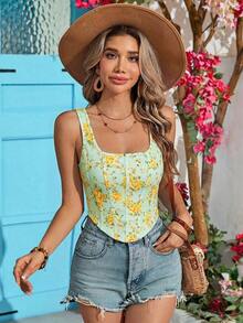Top corto de punto con estampado de vacaciones para mujer - Verde - Ver 5