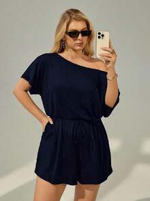 Mono de talla grande para mujer, ropa de verano, shorts, hombros descubiertos y graciosos, conjunto de verano para mujer, atuendo de rave de festival, conjunto de verano para vacaciones de mujer, mono casual de mujer - Azul - Ver 2