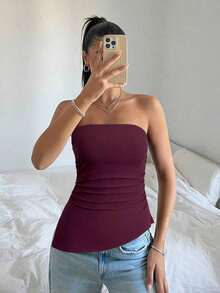 Top bandeau con pliegues en el bajo en color borgoña sólido - Uso casual diario, para usar en el Día de San Valentín - Burdeos - Ver 4