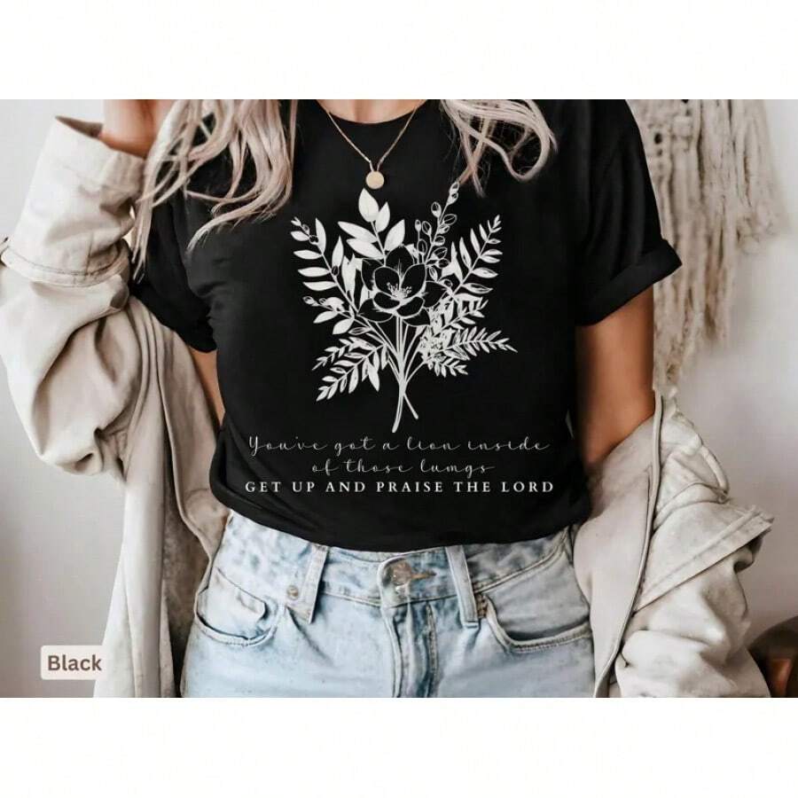 Camiseta Cristiana con Diseño Floral Lion Inside, Marca Bella Canvas - Negro - Ver 1