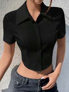 Camisa de mujer de verano con botones y tejido - Negro - Ver 7