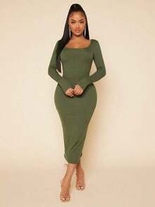 Vestido ajustado unicolor de cuello scoop - Verde militar - Ver 4
