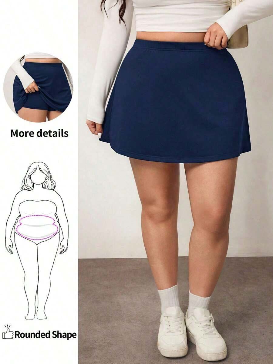 Falda corta casual de línea A de unicolor negro básico para mujer de talla grande, amigable con las curvas del Body redondeado, para el invierno, para la figura de Body redondeado tipo manzana - Azul marino - Ver 1
