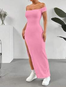 Vestido de verano de un solo hombro con abertura alta y unicolor minimalista para mujer - Rosa - Ver 4