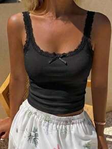 Camiseta sin mangas de mujer con encaje, parches y lazo, ajuste ceñido, casual y sexy - Negro - Ver 7