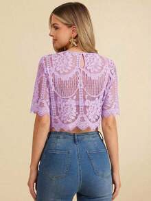 Blusa suelta de manga corta con encaje elegante para mujer, adecuada para la temporada de bodas, citas, primavera y verano, color: Blusa de verano casual de primavera y verano para mujer Blusa blanca Blusa bohemia Blusa de ojal Blusas de verano par - Púrpura malva - Ver 2