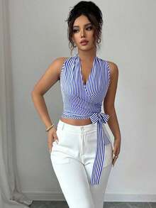 Chaleco de verano casual y elegante tejido para damas - azul real - Ver 4