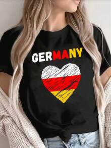 Short-Sleeved T-Shirt With A Black German Flag Heart Print, Ideal For Casual Outings. Lightweight And Durable, Suitable For Home, Dining, Or Outdoor Activities, It Offers A Comfortable Fit And A Stylish Black And White Design. - 黑色 - 查看 11