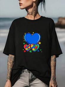Camiseta Suave de 180 g con Diseño de Rompecabezas de Corazón para la Concientización sobre el Autismo - Regalo perfecto para familiares y amigos, ideal para eventos de apoyo al autismo y recaudaciones de fondos. - Negro - Ver 8