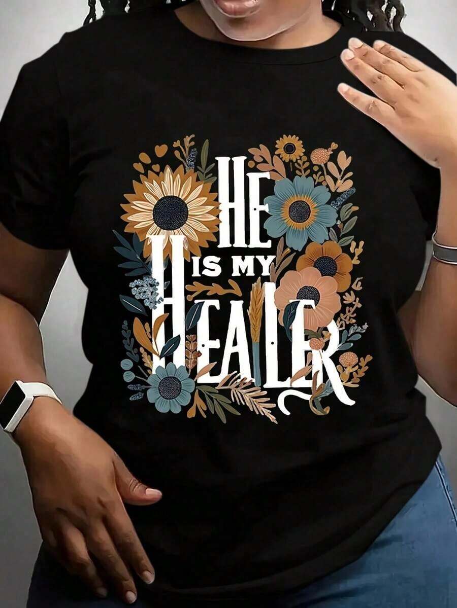 Camisetas Casuales para Mujer, Camiseta Casual de Manga Corta con Estampado Gráfico Floral Geométrico Negro y Texto "HE IS MY HEALER", Cuello Redondo Transpirable, Lavable a Máquina, Ropa Casual, Camiseta para Mujer, Estilo Y2K, Camisetas de Moda de Verano, Conjuntos y Tops Casuales de Streetwear - Negro - Ver 1