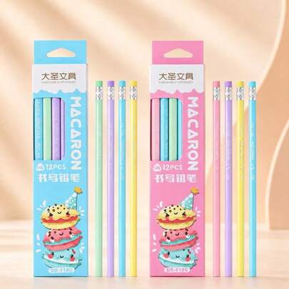 3/12/24 piezas Lápices de madera con goma de borrar en forma de macarrón estilo kawaii de colores pastel con estampado de postre, útiles estéticos para escribir, dibujar, bocetear, oficina, diario, planificador, toma de notas, trabajo, notas creativas, regalo para amantes de la papelería, fiesta de cumpleaños, accesorios de escritorio