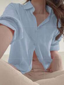 Blusa holgada y versátil de unicolor para mujer, prenda de vestir de otoño con manga larga - Azul - Ver 9