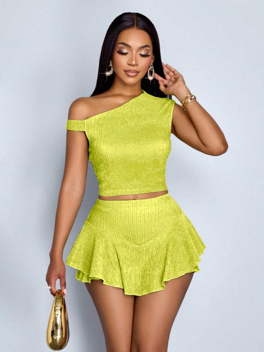 Women's One Shoulder Ribbed Crop Top And Ruffle Hem Skirt Two Piece Set, Asymmetric Neckline Slim Fit Top And High Waist Flared Skirt, Casual Party C - 螢光黃 - 查看 1