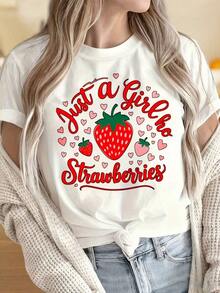 Casual T-Shirt For Women And Men With A Round Neck And Short Sleeves. Strawberry Print T-Shirt For Women, Fun Design With Hearts And Fruit. Ideal For Christmas Parties, Sports Activities, Holiday Parties, Outings, Sports, And Other Festive Gifts (220g). 100% Durable Cotton - 白色 - 查看 1