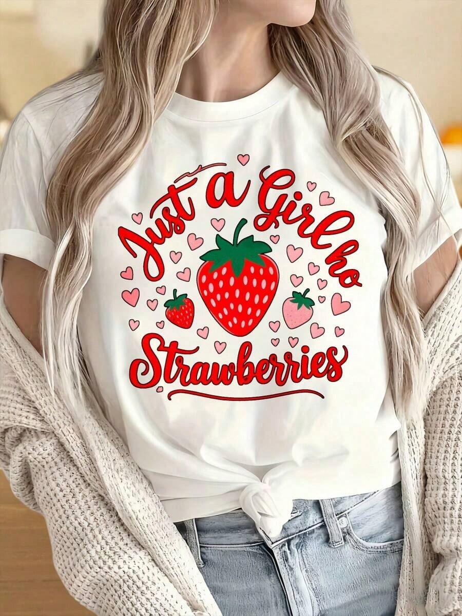 Casual T-Shirt For Women And Men With A Round Neck And Short Sleeves. Strawberry Print T-Shirt For Women, Fun Design With Hearts And Fruit. Ideal For Christmas Parties, Sports Activities, Holiday Parties, Outings, Sports, And Other Festive Gifts (220g). 100% Durable Cotton - 白色 - 查看 1