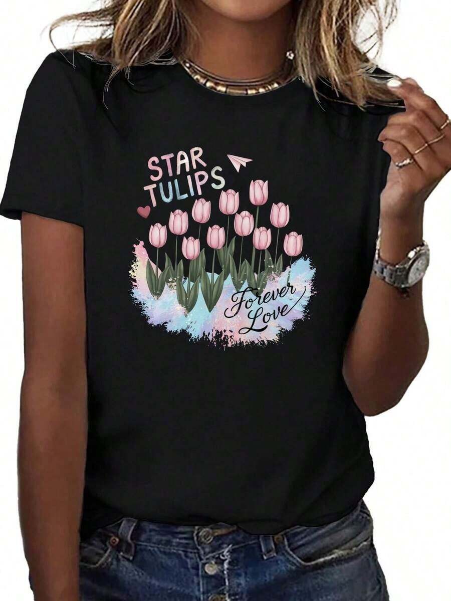 FashionNEW New Women's T-Shirt, 1-Pack, Soft Pure Cotton T-Shirt With Butterfly, Star, And Tulip Design - Comfortable And Loose Fit, Short Sleeves, Crew Neck, Geometric Design, Machine Washable, Casual Style, Suitable For All Seasons. | Women's Stretch T-Shirt - Unisex Vintage Urban Style, Loose Fit, Pure Cotton, Short Sleeve, Crew Neck - 黑色 - 查看 1