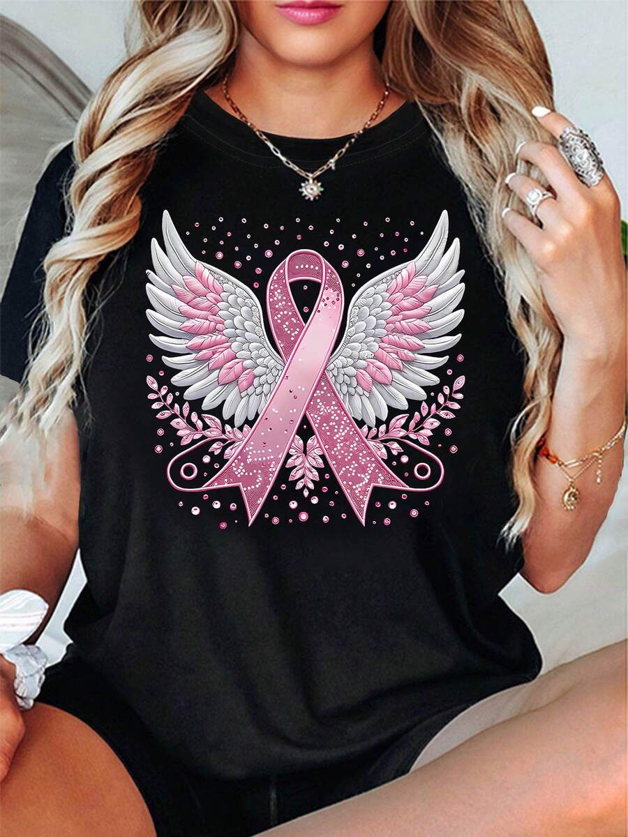 Women's Casual Short-Sleeved Crew Neck T-Shirt With A Breast Cancer Prevention Theme Design, Perfect For Everyday Wear And As A Holiday Gift - 黑色 - 查看 1