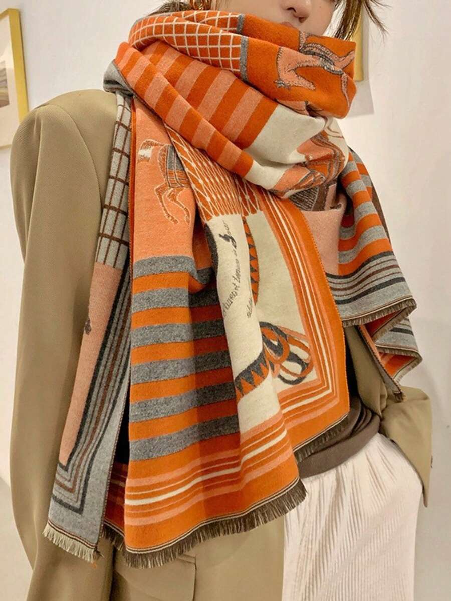Sciarpa vintage con stampa a cavallo in finta cashmere, scialle/poncho invernale grande e caldo per donna - Arancione - Visualizzare 1