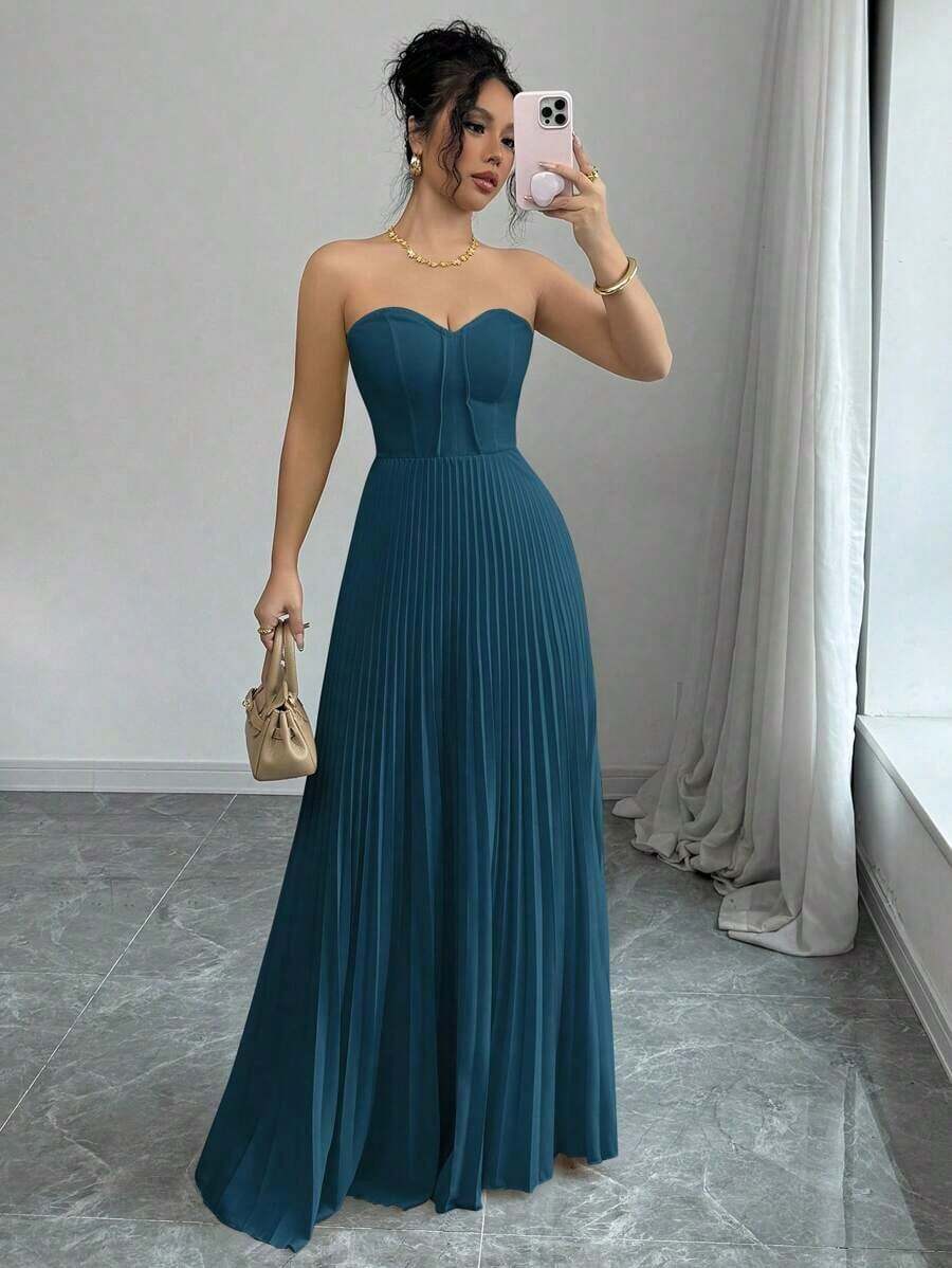 Vestido elegante y romántico para mujer con cintura fruncida y silueta de línea A - Agua verde azul - Ver 1