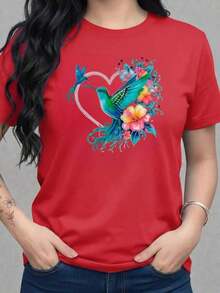 Free Shipping, Local Delivery In Mexico. Delivery In 4 Days. Women's Graphic T-Shirt, Casual Printed T-Shirts With Heart, Butterfly, Feather, Flower, Floral Style, Sparkly, Shiny, Shiny, For Daily Wear, Night Out, Valentine's Day, For Lovers, Soft Material, Loose Fit, Crew Neck, Short Sleeve - 紅色的 - 查看 5