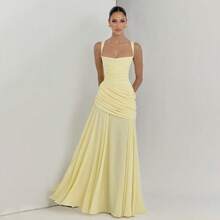 Tirantes Vestido Liso Elegante Nuevo con Pliegues, Escote Bajo, Cintura Ajustada y Espalda Descubierta - amarillo ganso - Ver 5