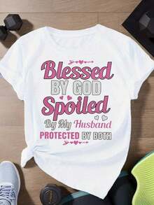 Camiseta de Mujer con Estampado de Fe Cristiana y Matrimonio: Bendecida por Dios, Cariñada por mi Esposo, Protegida por Ambos. Camiseta Casual de Manga Corta, Cuello Redondo, Suave, con Letras Rosadas y Negras, Corazones y Lazos. Ideal para Primavera, Verano y Otoño. Ropa Casual para Esposa Cristiana. Lavable a Máquina. - Blanco - Ver 8