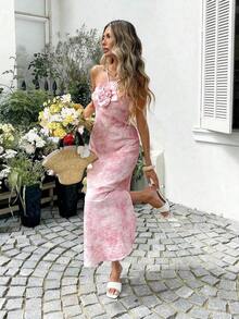 YHHSylviya Vestido maxi con abertura y estampado floral 3D en escote halter, vestido de verano de color amarillo mantequilla para mujer, atuendos de verano, atuendos de vacaciones, atuendos de playa, vestidos de graduación, ropa de verano, vestidos de vacaciones, vestidos de playa, ropa de vacaciones, estilo bohemio, atuendos para salir, vacacionesYHH - Multicolor - Ver 3